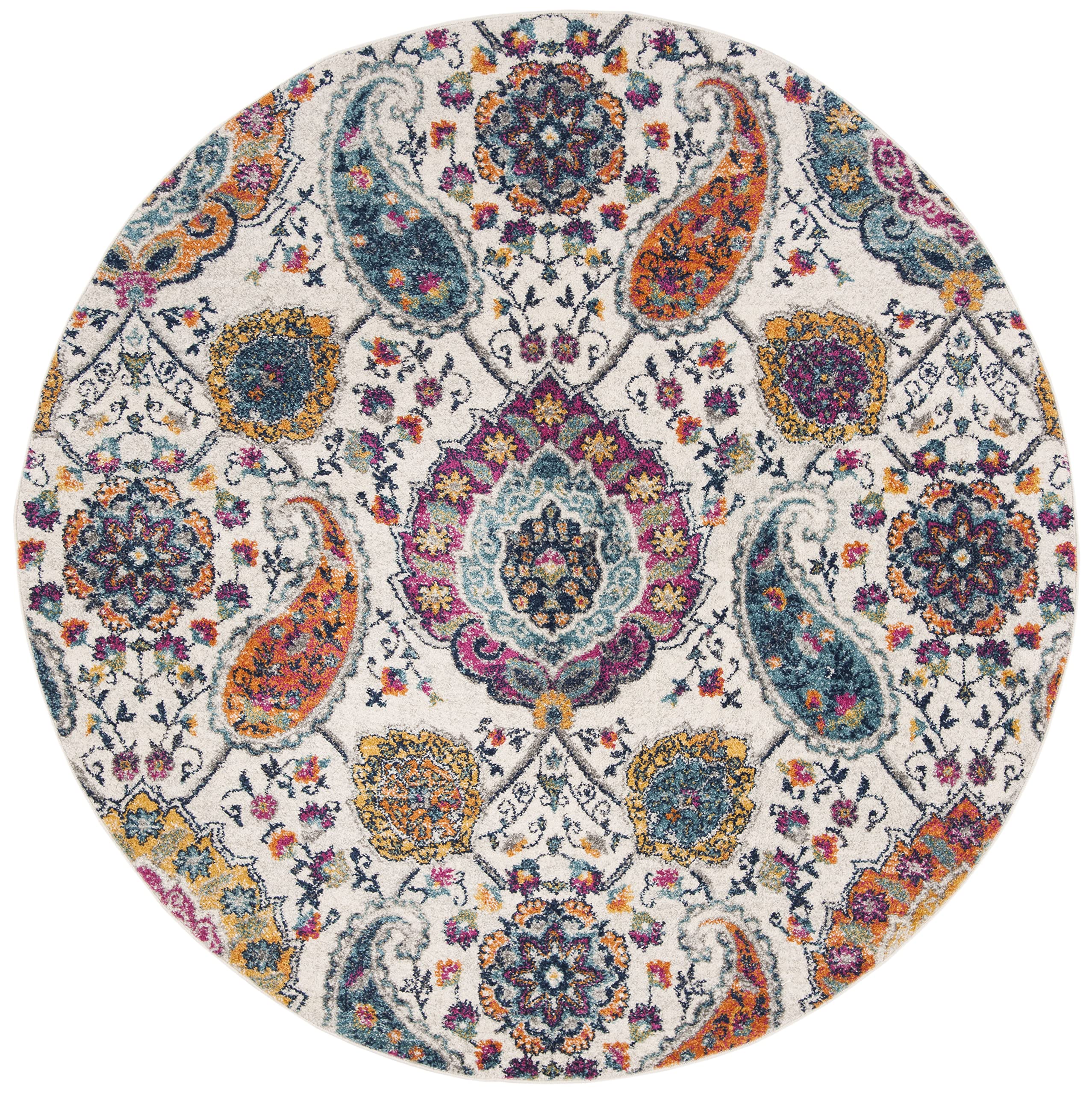 Safavieh Madison Collection Area Rug - 6'7'' Round, Cream & Multi, Boho Chic Glam Paisley Design, Non-Shedding & Easy Care, Idea